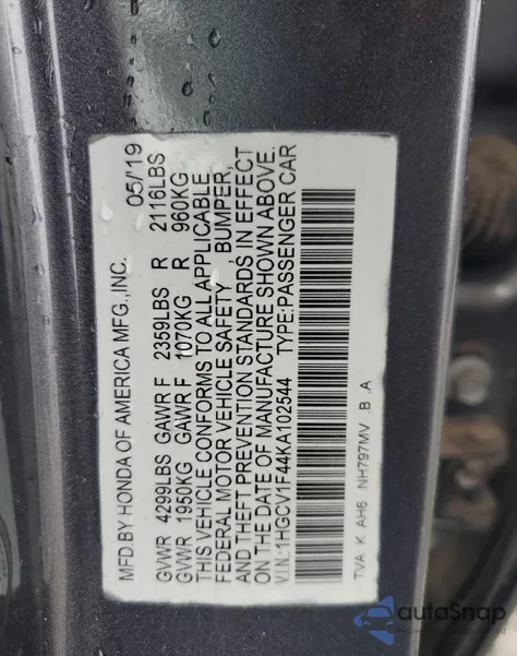 2019 Honda Accord Ex из США, поврежденный, VIN 1HGCV1F44KA102544